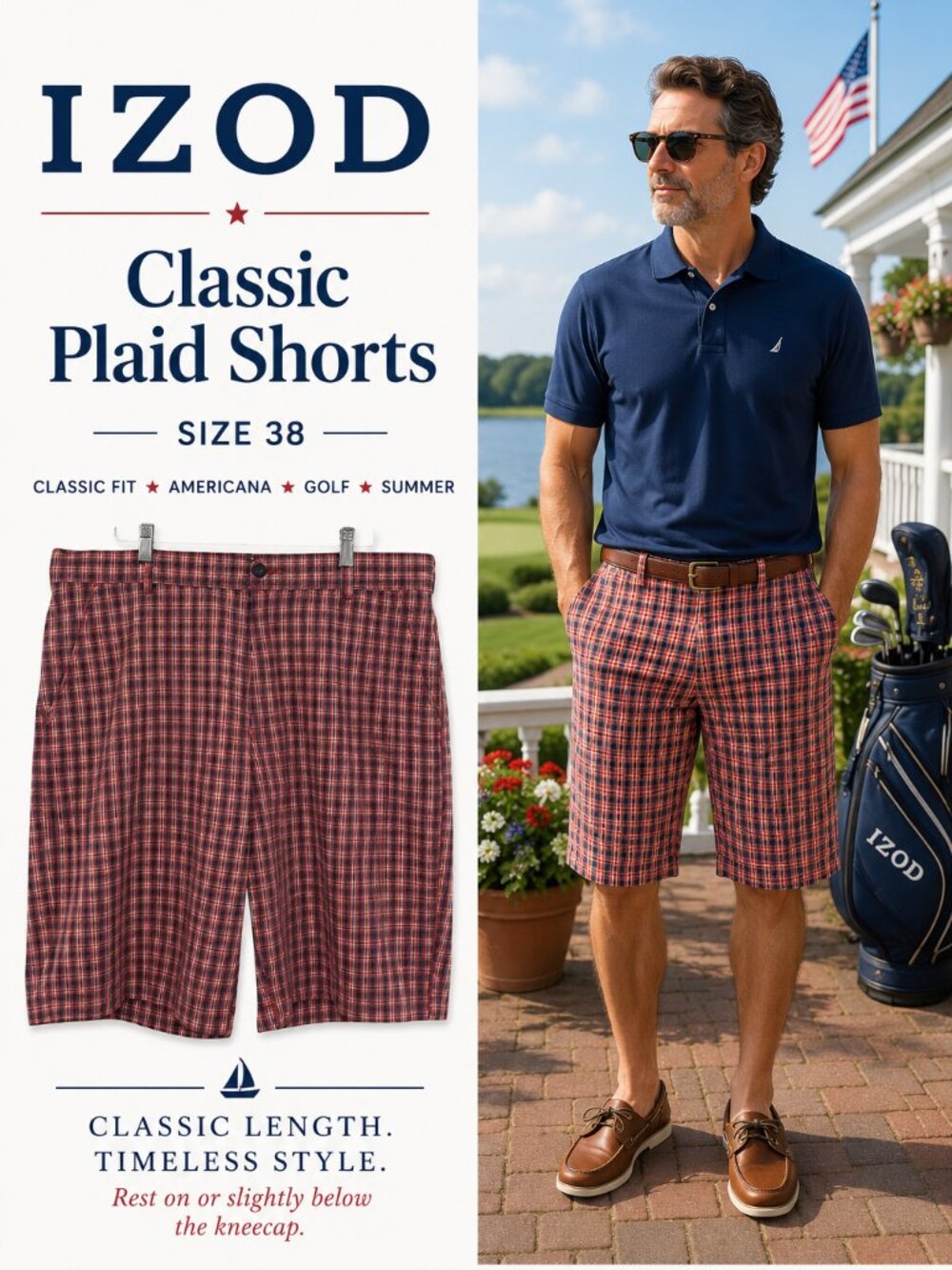 IZOD Plaid Cotton Shorts Size 38 Classic Fit Americana Golf Coastal Prep